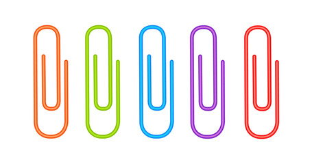 Five multi-colored paper clips on a white background for use as a design element. Icons. Vector illustration