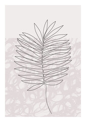 One line art palm leaf poster. Elegant tropical leaf with grunge doodle texture background.