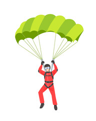 Parachutist flying with a green parachute. Parachuting and vector flat illustration isolated on white background.