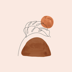 Modern poster with organic geometric watercolor shapes, tropical leaf line art.