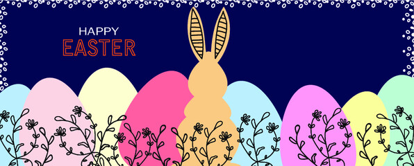 Happy Easter website banner. Trendy Easter design with eastereggs; bunnies and flowers in pastel colors .Dark blue backgroundand modern flat style. Header for website,horizontal poster,card