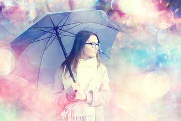 Fototapeta premium girl umbrella forest landscape / autumn view young woman with umbrella in city park
