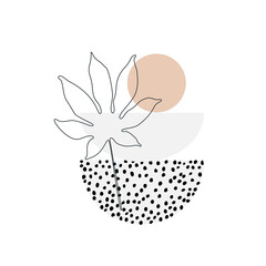 Modern vector illustration with tropical palm leaf one line art, dots texture, minimal geometric shape