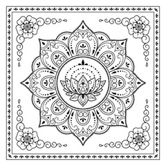 Circular pattern in form of mandala with Lotus flower for Henna, Mehndi, tattoo, decoration. Decorative ornament in ethnic oriental style. Outline doodle hand draw vector illustration.