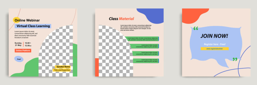 Set bundle collection colorful abstract background of social media post template. Layout for online live webinar, conference, training, seminar, course, and learning video.