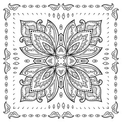 Decorative pattern of flowers and paisley for printing on fabric. Ornament for a bandana, a silk neckerchief, a tablecloth or a kerchief. Square sketch in tribal or oriental style.