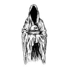Black and white vintage etched art. Ink drawn ghotic plot of dethly hallows, halloween, nightmare or hell. Clipart for sticker, tattoo, print. Spooky ghost in mantle with hood holds skull on plate.
