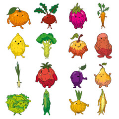 Vegetables set hand drawn scetch characters cartoon. Collection orange, beet root, strawberry, carrot, lemon, broccoli, apple, potato, tomato, leek, onion, plum, pear, cabbage, cucmber, onion, banana