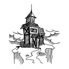 Black and white vintage etched art. Ink drawn ghotic clipart for sticker, tattoo, print. Old abandoned lonely ramshackle house with tiled roof, porch, tower and spire on rock cliff in bad weather.
