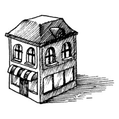 Black and white vintage etched art. Ink drawn ghotic clipart for sticker, tattoo, print. Two story old building of small shop with canopy over entrance and windows with showcase. Top view of house.