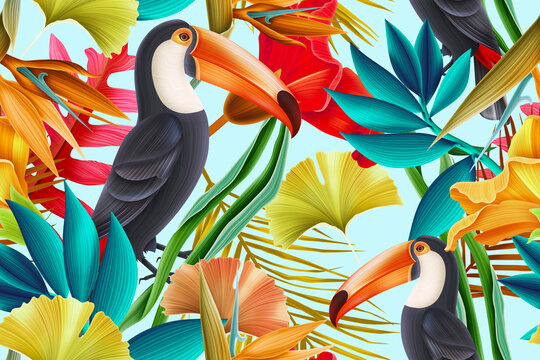 Seamless pattern design with Toucan bird and Tropical leaves.