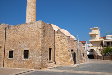 Old masonry of a mosque whit blue sky in rethymnon, kreta