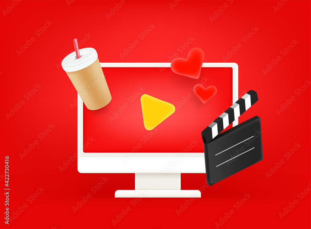 Poster Video entertainment vector concept. Modern computer monitor with on red background