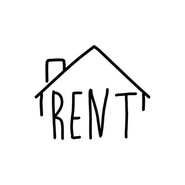 Real Estate. Alquiler de inmuebles. Logotipo con texto manuscrito Rent escrito a mano con tejado de casa con lineas en color negro