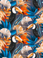 Colorful Seamless Pattern with tropic flowers and leaves. Hi quality fashion design. Fresh and unique botanical background.  Floral design with leaves for print © Natalia @themishaart