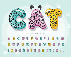 Cute animal cartoon font for kids. Funny leopard, jaguar, cheetah skin alphabet. Decorative fur print letters and numbers. Vector