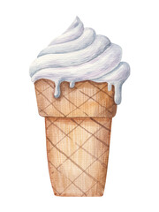 ice cream white in a glass on a white background, mountains, cute watercolor childrens illustration
