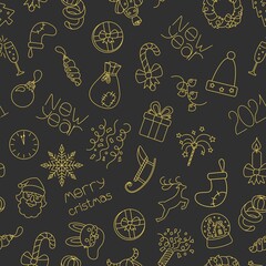 Seamless Pattern Christmas icons in vector illustration. New year design. Santa Claus, tree, gifts, glasses, snowball, deer, toy, bunny mask, fireworks, snowflake, hat, sock, clock, mandarin, wreath. 