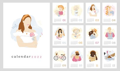 Wall vertical calendar for 2022, the week starts on Sunday. Template A4 format calendar set of month with abstract beautiful girls in vintage. Contemporary portraits posters. Vector illustration.