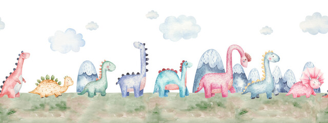 modèle sans couture avec des dinosaures de différentes espèces, montagnes, jolie illustration aquarelle pour enfants