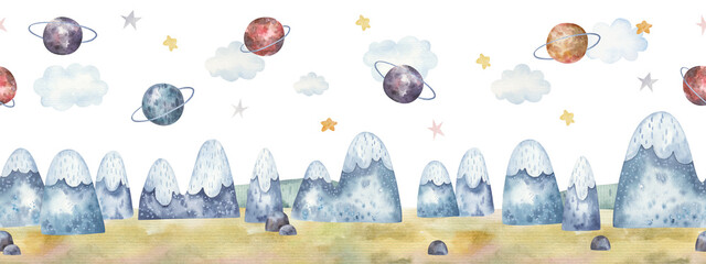 nahtloses Muster mit Landschaft mit Bergen, Weltraum, Sternen, Planeten, niedlicher Aquarellkinderillustration