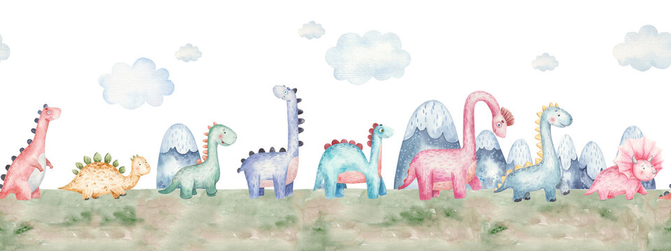 Fototapeta seamless pattern with dinosaurs of different species, mountains, cute watercolor childrens illustration