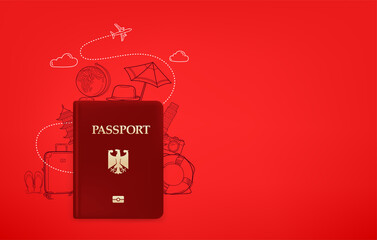 Travel illustration with copy space. Passport and cute doodle elements