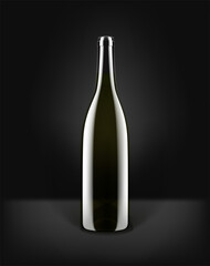 Dark glass bottle with wine on black background. Mockup for design