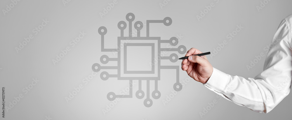 Poster businessman draws a computer processor chip on gray background. future technology ai