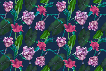 Colorful Seamless Pattern with tropic flowers and leaves. Hi quality fashion design. Floral Fresh and unique botanical background