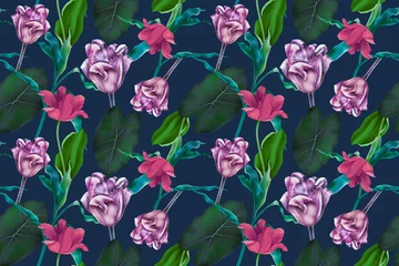 Abwaschbare Fototapete Colorful Seamless Pattern with tropic flowers and leaves. Hi quality fashion design. Floral Fresh and unique botanical background © Natalia @themishaart
