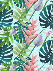Colorful Seamless Pattern with tropic flowers and leaves. Hi quality fashion design. Floral Fresh and unique botanical background