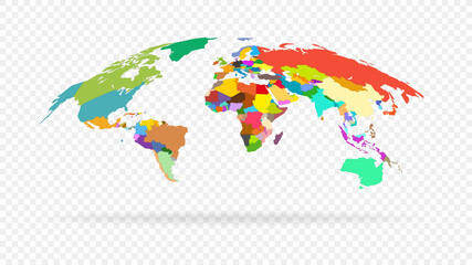 Vector world map isolated on transparent background. Every country is selectable and color highlighted