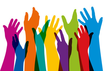 Fototapeta premium Concept de la cohésion d’un groupe, avec des silhouettes de mains levées de couleurs différentes, pour symboliser l’union et la diversité.