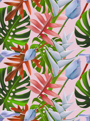 Colourful Seamless Pattern with tropic flowers and leaves.