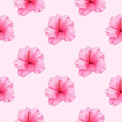 Seamless pattern with watercolor pink hibiscus. Tropical Hawaiian flower. Floral background. Travel, summer, islands.