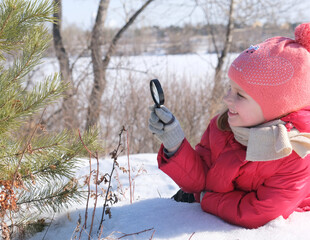 Little girl in warm winter clothes with a magnifying glass in her hand investigate  details of nature . Winter outdoor kids activity,  observe nature and learning concept