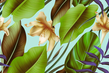 Colourful Seamless Pattern with tropic flowers and leaves.