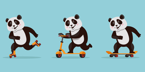 Funny cartoon panda. Animal riding on skateboard, roller skates and scooter.