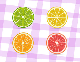 Slices fresh fruits cut in half Lime, Lemon, Orange, Grapefruit Fruits. Vector Illustration Design.