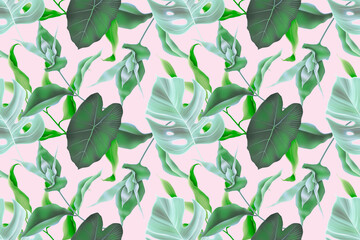 Colorful Seamless Pattern with tropic flowers and leaves. Hi quality fashion design. Fresh and unique botanical background