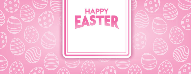 Pink Happy Easter Banner with Eggs Pattern. Easter Day background Vector illustration.