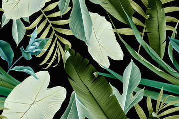 Colourful Seamless Pattern with tropic flowers and leaves. Hi quality fashion design. Fresh and unique botanical background