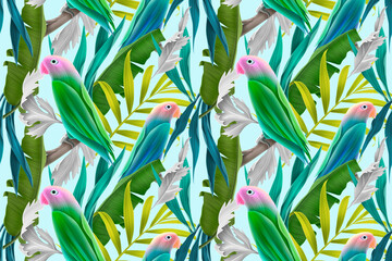 Seamless pattern with Parrots and Tropical Leaves. © Natalia @themishaart