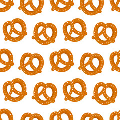 Cute cartoon style salty pretzel, knot-shaped baked pastry vector seamless pattern background.