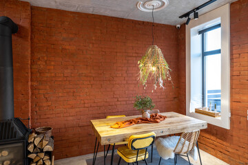 Dining place with a wooden table