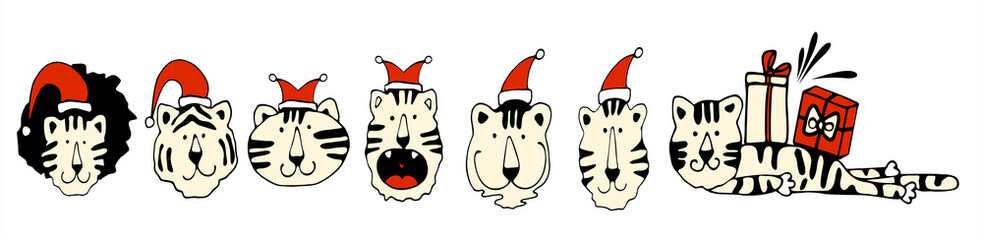 Border of cute Christmas tigers. Vector illustration.Wild animal. Symbol of 2022. Cute animal character idea for child and kid printable stuff and t shirt, greeting card, nursery wall art, postcard