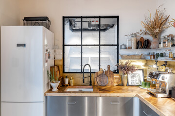 Kitchen interior with loft window in modern industrial style