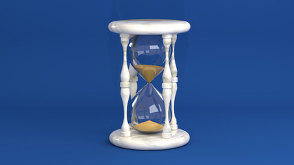 An hourglass on a blue background. Falling yellow sand. 3D-rendering.