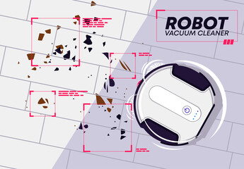 Vector illustration of a round robot vacuum cleaner, top view, clean up the garbage on the floor using an autonomous robot vacuum cleaner